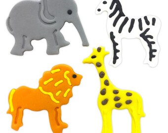 Jungle Animals Sugar Cake Toppers x4 Assortment Decorations Bakers Safari Girrafe Zebra Elephant Lion