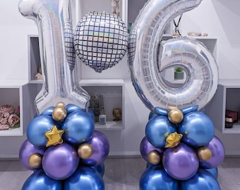 Silver Irradiscent Balloons Tower Sculpture Kids Party Decorations Happy Birthday Boys Sweet 16 Blue Chrome DIY KIT Disco Numbers Purple