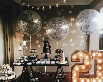 Silver Confetti Balloons 36" Party Balloons, Metallic Confetti, Clear Balloons, 1st Birthday, Wedding Engaged Bride, Baby, 3ft, Giant, Large