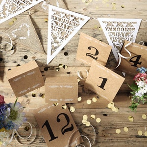 Números de mesa, decoración de la boda, números de mesa, boda rústica, números Kraft, paquete 1-12, novia, señora pieza central, boda Kraft