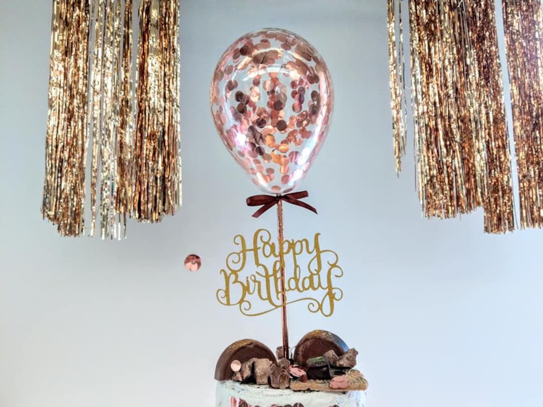 Rose Gold Balloon Confetti Cake Topper 5", Straws, Happy Birthday ...