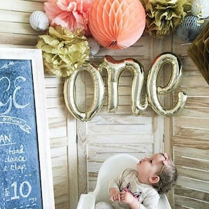 ONE Script Balloon, Gold ONE, First Birthday, Cake Smash Photo Prop Balloon Banner, White 1st Birthday Balloon Letter Rose Gold Champagne