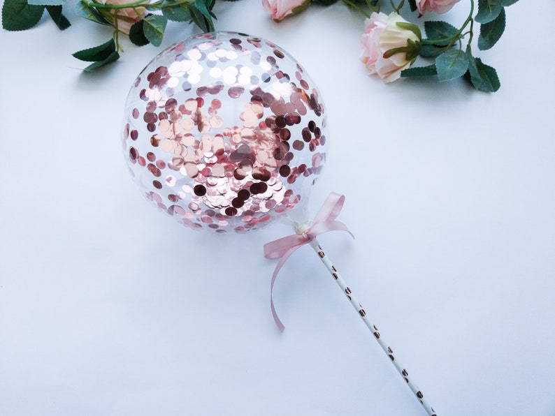 Balloon Cake Topper Confetti 9 Bubble Balloon Baby Pink Rose Gold Confetti Personalized Custom Name Happy Birthday Wedding One