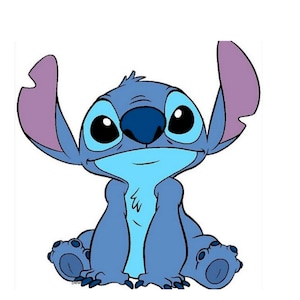 May include: A cartoon illustration of Stitch, a blue alien character with large eyes and a mischievous grin, sitting with his arms crossed. Stitch has large, purple ears and a blue nose.