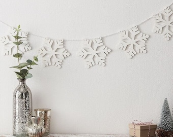 Wooden Snowflake Bunting, Christmas Garland Banner, Traditional, Noel, Rustic Decorations, New Year, Gifts White