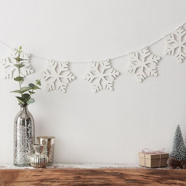 Wooden Snowflake Bunting, Christmas Garland Banner, Traditional, Noel, Rustic Decorations, New Year, Gifts White