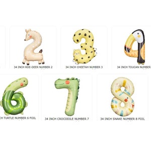 Peut inclure: Un ensemble de dix ballons en feuille d'aluminium de 86 cm de forme numérique de 1 à 10. Chaque ballon présente un motif animal différent, notamment une girafe, un cerf, un guépard, un toucan, un zèbre, une tortue, un crocodile, un serpent et un tigre.