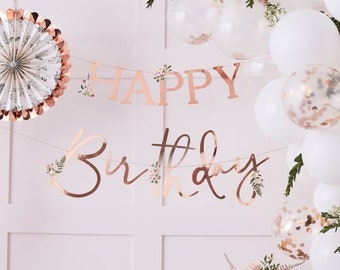 Rose Gold Floral Nachmittag Tee Bunting, alles Gute zum Geburtstag Party hängen Deko, Mädchen Party Banner, lässt Party Dekorationen Laub