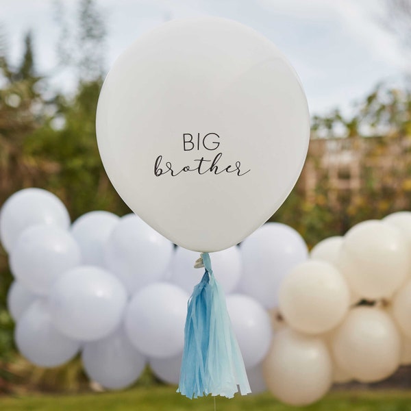 Big Brother Balloon with Blue Tassels Gender Reveal Baby Announcement Family Gift White Black 18 inch