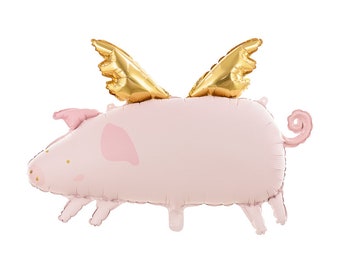 Könnte beinhalten: Ein rosa Schweineballon mit goldenen Flügeln. Der Ballon ist aufgeblasen und hat ein süßes Comic-Gesicht.