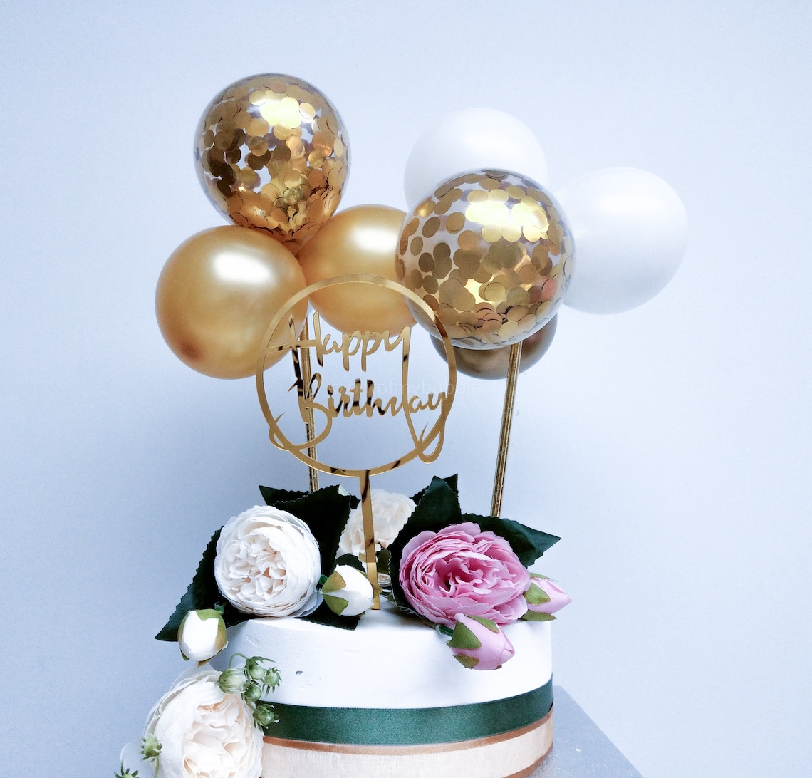 Gold Balloon Cake Topper Confetti Bachelorette Happy Birthday Acrylic ...