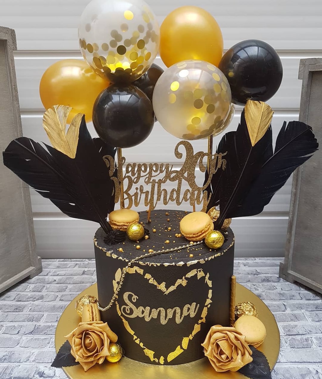 Tarta Cumpleaños Decoración Para Tarta 14 Cumpleaños - Topper Negro Y Dorado, Incluye Abanicos, Estrellas, Ideal Celebración Adolescente Fácil Montaje Adhesivo