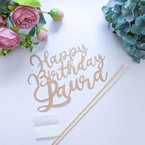 Rose Gold Card Cake Topper Edad 16º Personalizado Nombre Personalizado Corazón Feliz Cumpleaños Plata 21º 18º Cartulina DIY Aniversario Personalizado