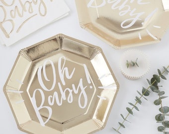 Oh Baby Shower Plates, Paper Gold Decorations Tableware