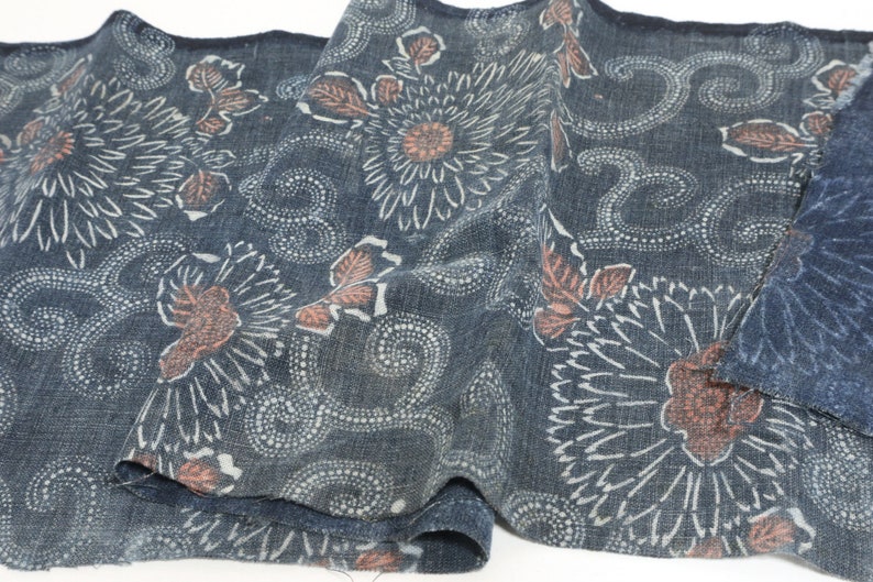 KATAZOME Japanese vintage indigo fabric 50x26cm  Stencil dyed Cotton Antique Boro 179