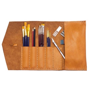 Alta Andina Soft Leather Pencil Roll Up | Case For Pens, Pencils, Brushes | Full Grain, Vegetable Tanned Leather (Brown - Miel)