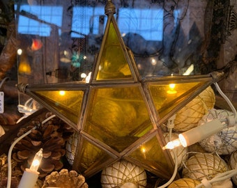 Handmade oriental glass star with tea light holder made of brass and glass, lantern, Christmas decoration, star lamp, glass star