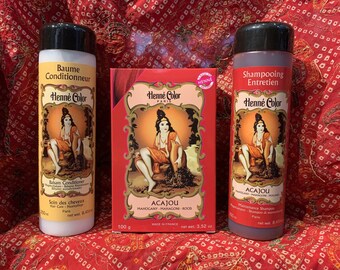 Henna Mahogany (Acajou) hair care powder, tint cream, care shampoo, conditioner