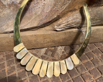 Handmade brass choker with natural mother of pearl elements, handmade in India