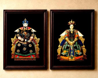 Cuadros de pared del emperador y la emperatriz chinos, conjunto de 2 retratos de pareja en marcos de madera, motivo de la dinastía Qing, incrustaciones de piedra, 80 x 60 cm, pieza única, vintage.
