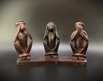 Handcarved monkey trio made of rosewood, handmade in South India, vintage wood decoration