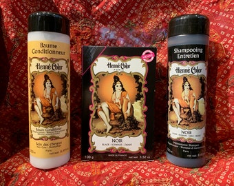 Henna Black (Noir) hair care powder, tint cream, care shampoo, conditioner