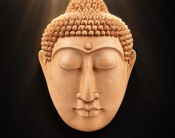 Máscara de pared de Buda vintage, 19 cm de altura, hecha a mano en madera de Sawo en Bali, de gran finura y con un fuerte aura, pieza única de coleccionista.