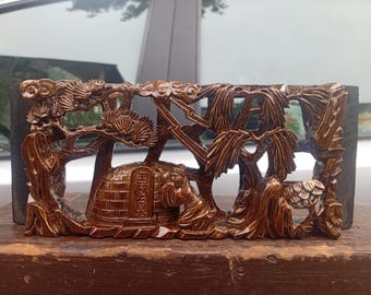 Relieve mural de 24 cm de altura, con la figura de un horno, tridimensional, tallado en madera de filigrana procedente de China con detalles dorados, pieza de colección vintage.