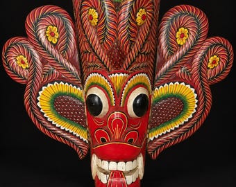 Máscara de 45 cm, máscara de madera Mayura Raksha de Sri Lanka, máscara de danza tradicional hecha y pintada a mano, estilo vintage, colorida decoración de pared.