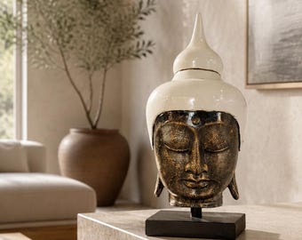 Large Buddha head 57 x 25 cm on a black wooden base, Asian sculpture, heavy design in bronze look with white lace cap