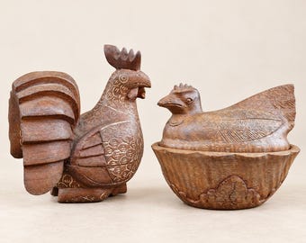 Carved teakwood boxes – rooster and hen, set of 2 with removable lids – rooster and hen