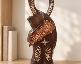 Elefante colorido, de 42 cm de altura, hecho de madera de palma de Bali, tallado y pintado a mano, artesanía tradicional balinesa, vintage.