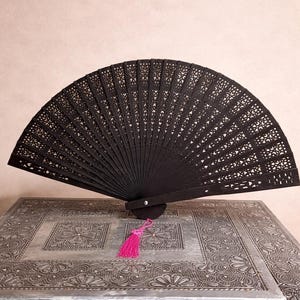 Wooden hand fan, black, with fine delicate ornaments, environmentally friendly, wooden fan, folding fan, hand fan, open dimensions 35 x 20 cm image 1