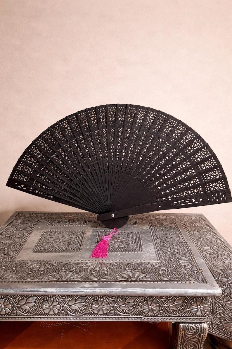 Wooden hand fan, black, with fine delicate ornaments, environmentally friendly, wooden fan, folding fan, hand fan, open dimensions 35 x 20 cm image 1