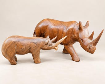 Conjunto de 2 figuras de rinoceronte madre y cría, de 25 y 18 cm, pequeñas, de madera maciza, talladas a mano en África.