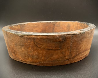Rustic wooden bowl with metal decoration from Radjasthan, fruit bowl, round wooden bowl, bread basket, vintage, rustic wooden decoration