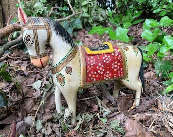 Hand Painted Horse Sculpture Solid Wood Hand Carved Rajasthan Collectible Horse Lover Home Decoration