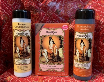 Henna Chestnut Brown (Châtain) hair care powder, tint cream, care shampoo, conditioner
