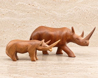 Set of 2 rhinoceros mother & child, 25 and 18 cm, solid wood, hand-carved from Africa, safari decoration