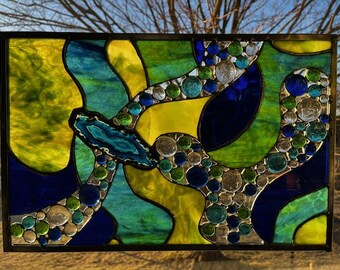Handcrafted Stained Glass Panel with Agate Center – Art Glass in Blues, Greens & Golds