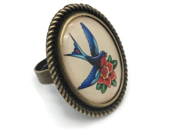 Blue swallow oval cabochon ring, vintage