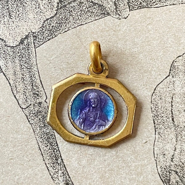 Ancien Pendentif Médaille émaillée en plaqué or Christ Baptème bleu & rose