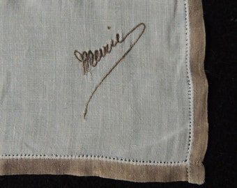 Handkerchief Old embroidered " Marie " in brown thread gift birth M10