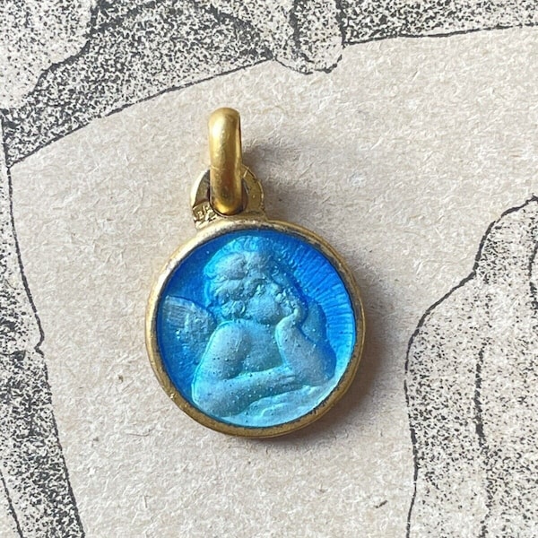 Pendentif Médaille en plaqué or et émail bleu Ange Angelot Bapteme