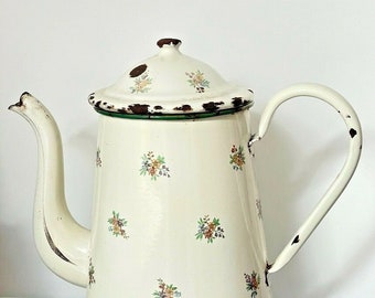Pretty Old enamelled coffee maker with flower décor - cream tones