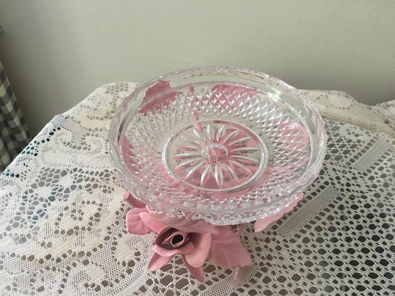 glass dish on pink rose stand Vintage