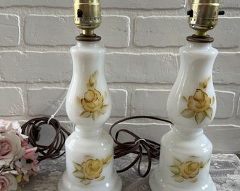 Pretty set of vintage yellow rose milky glass lamps