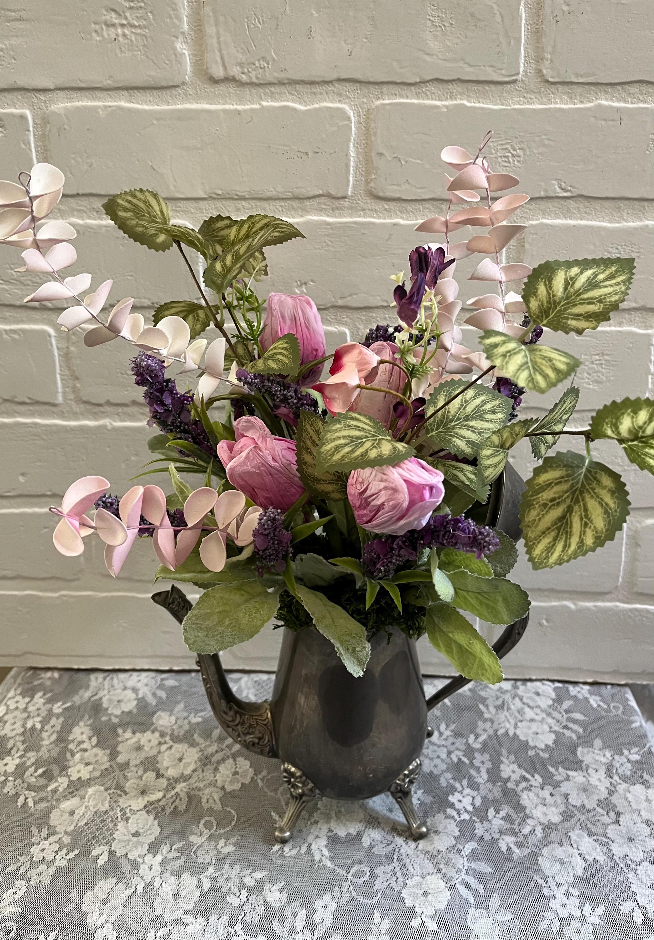 Pretty vintage teapot  purple pink floral arrangement