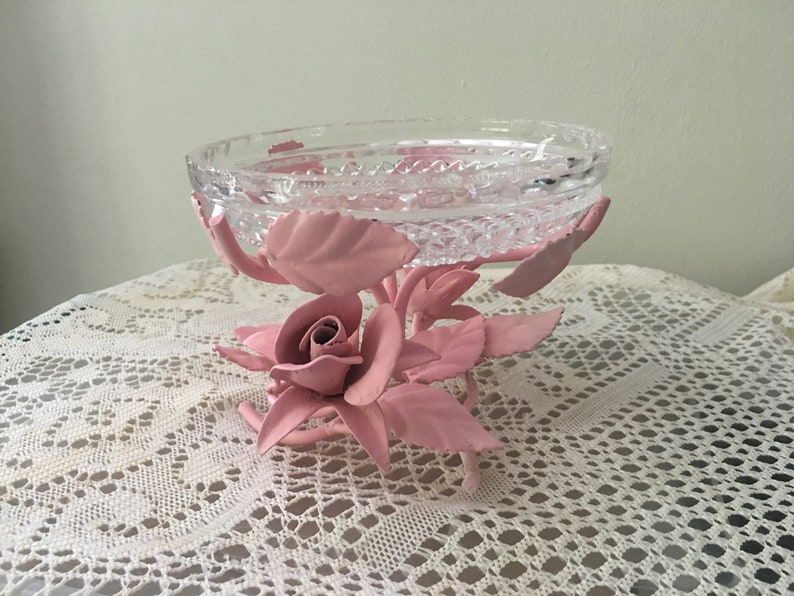 glass dish on pink rose stand Vintage
