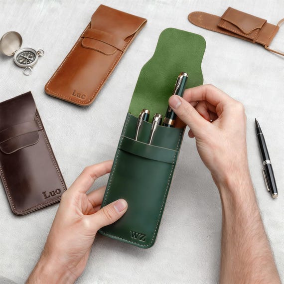 Handmade Genuine Leather Pen Holder, Custom Leather Pen Case, Leather Pen Pencil Sleeve Holder, Fountain Pen Holder, Leather Pen Pouch